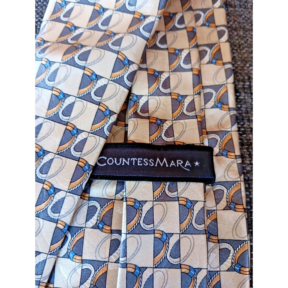 Tie 70s 80s 90s Y2K Mens Countess Mara Silk Ivory Yellow Blue 4 Wide 60 Long